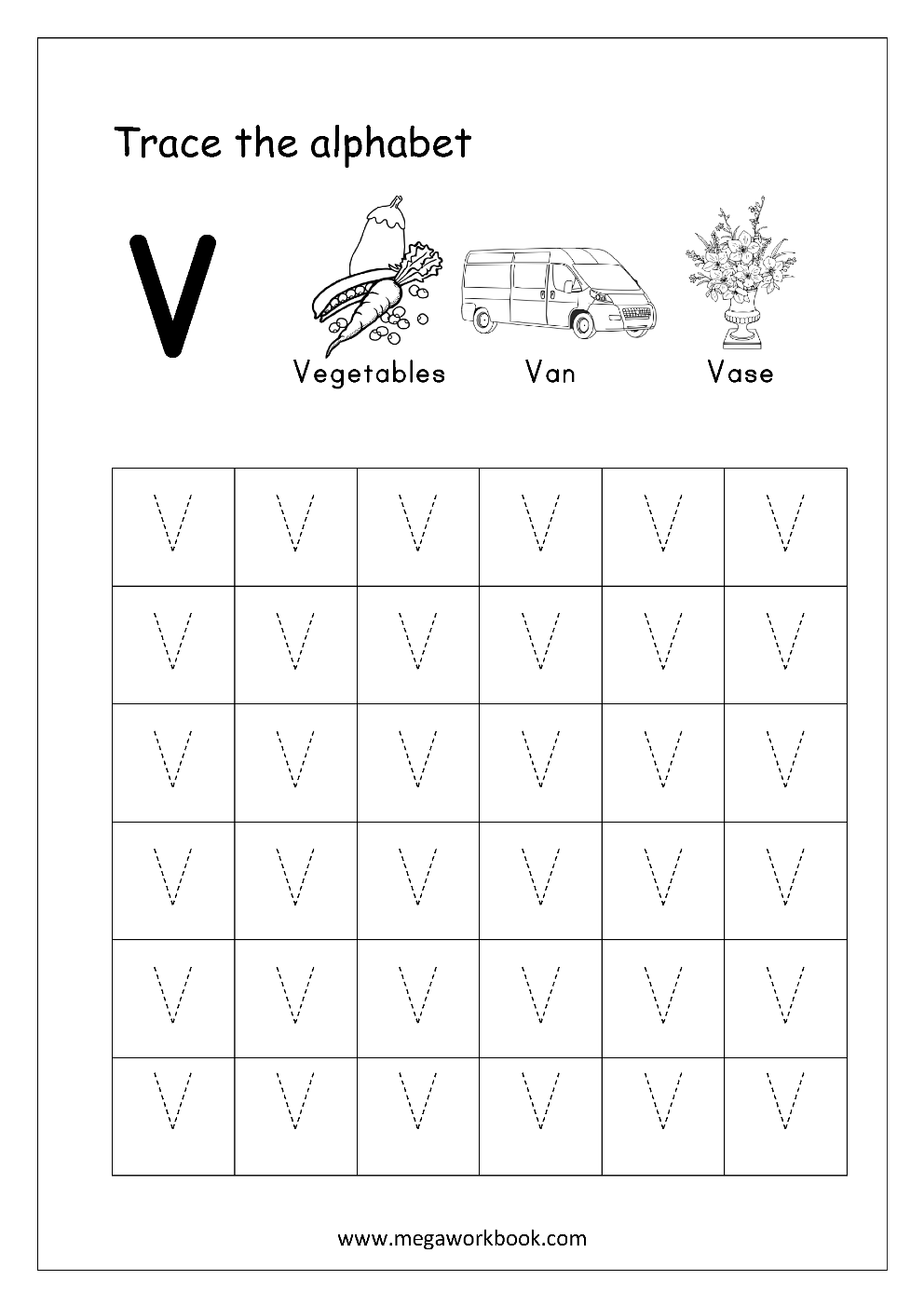 L letter V Tracing Worksheet Template Printable