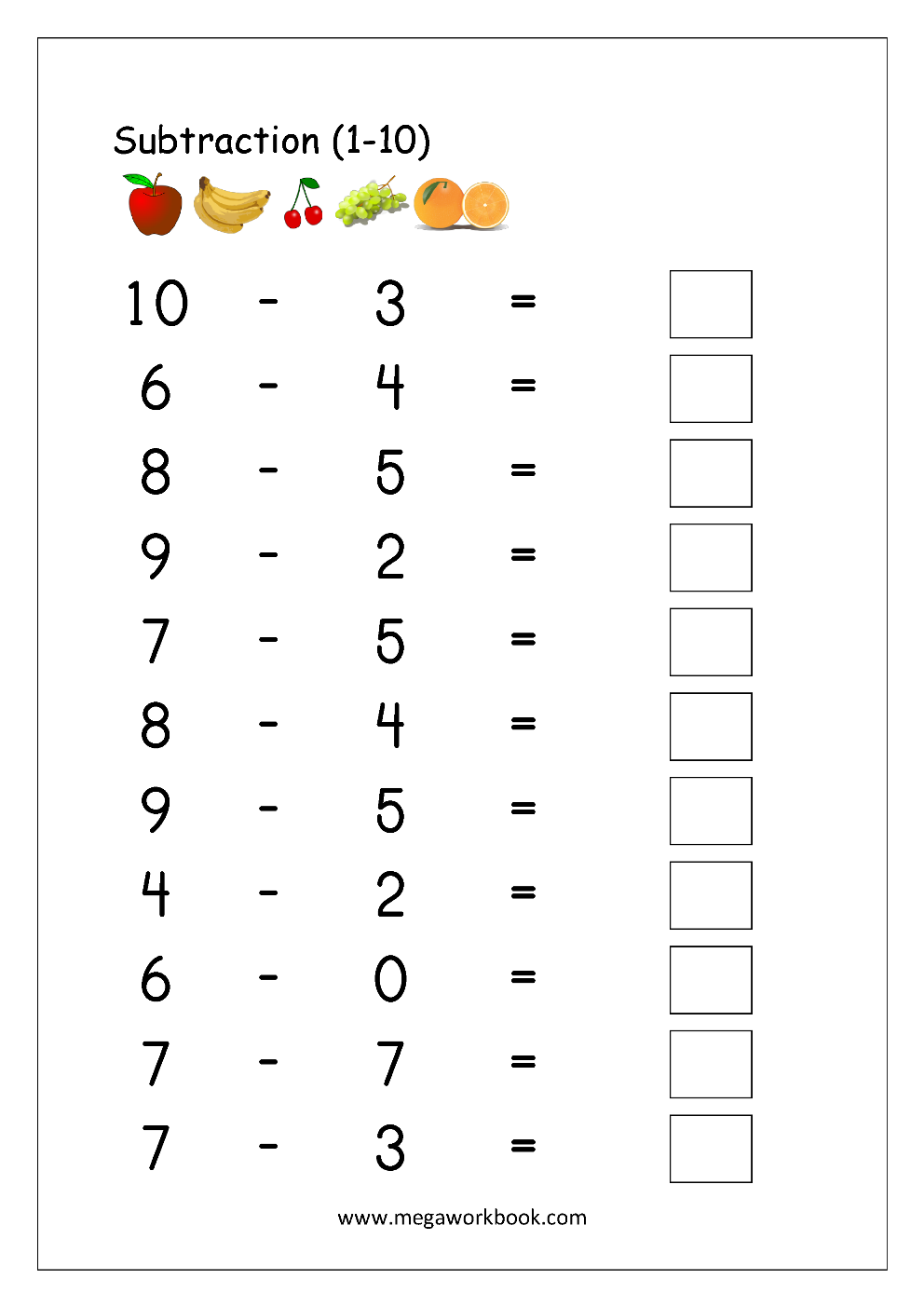 Free Printable Number Subtraction (1-10) Worksheets For Grade 1 And