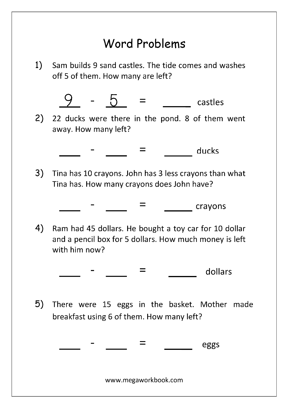 Addition and Subtraction Word Problems Worksheets For Kindergarten and