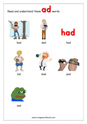 ad Word Family - Short a CVC Words With Pictures For Kindergarten