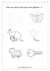 English Worksheet - Color Only The Objects Starting With Alphabet K