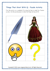 Letter_Q_Puzzle_Activity_Printable_Worksheet_Preschoolers_Things_Starting_With_Q_Queen_Quill_Quiet_Question