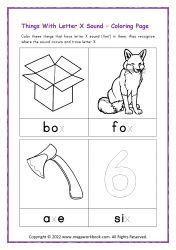 Letter_X_Activities_Preschool_Worksheet_Coloring_Page_Things_With_Letter_X_Sound_box_fox_axe_six