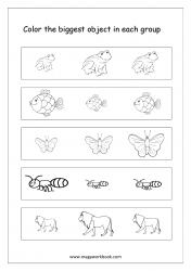 Big And Small Worksheet 10 - Color The Biggest Object In The Group (Animals Theme)
