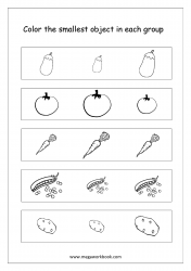 Big And Small Worksheet 02 - Color The Smallest Object In The Group (Vegetables Theme)