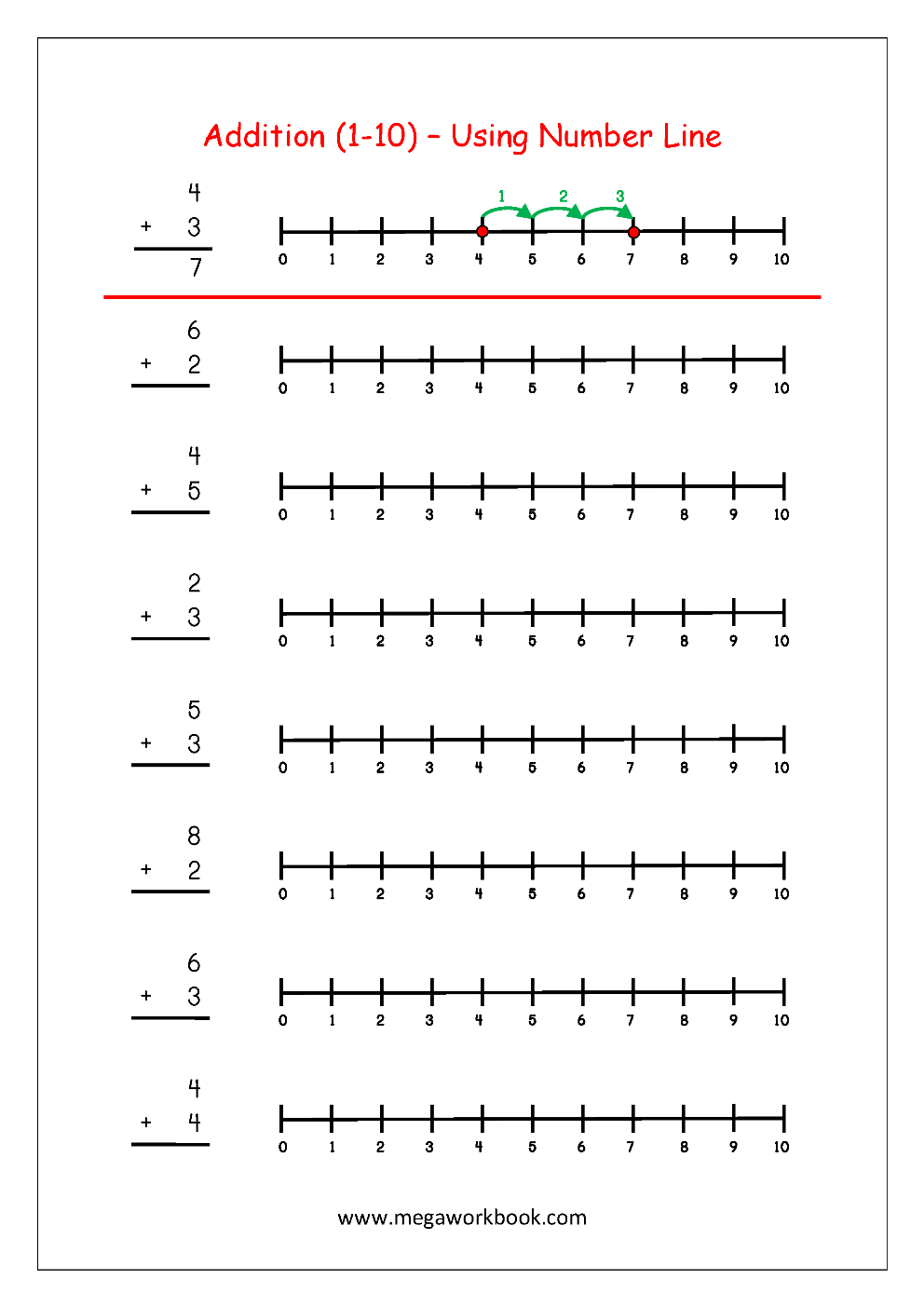 Free Printable Number Addition Worksheets 1 10 For Kindergarten And Grade 1 Addition On Number Line Addition With Pictures Objects Megaworkbook