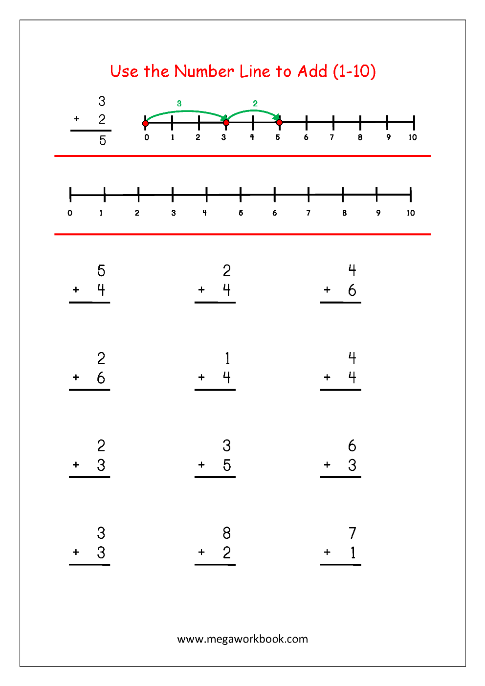 free printable number addition worksheets 1 10 for kindergarten and grade 1 addition on number line addition with pictures objects megaworkbook
