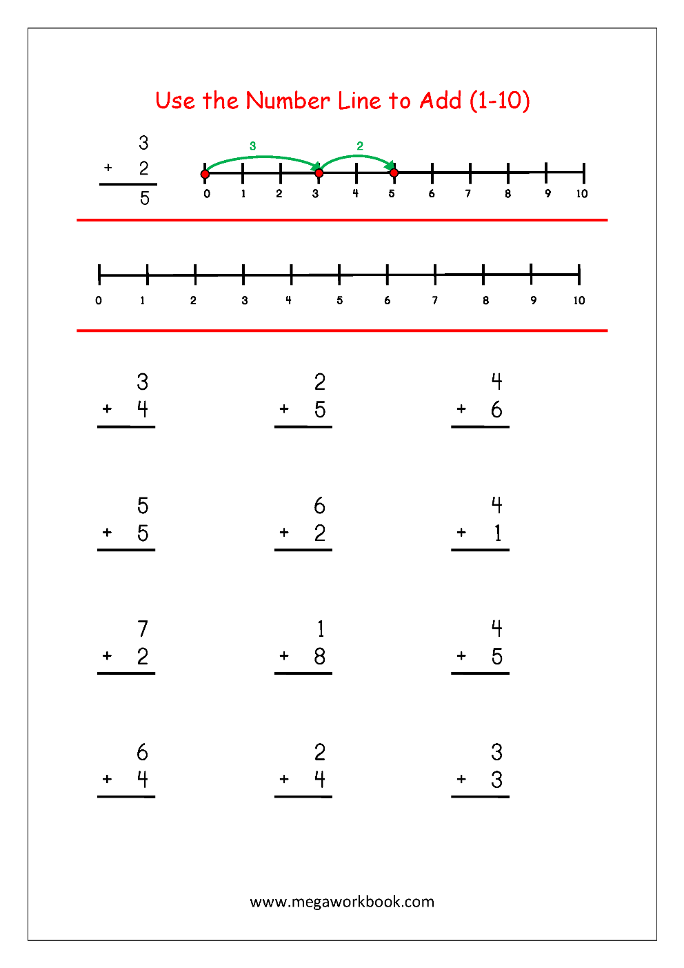 Addition 1 to 10 Using Number Line 09 - Kindergarten Number Line