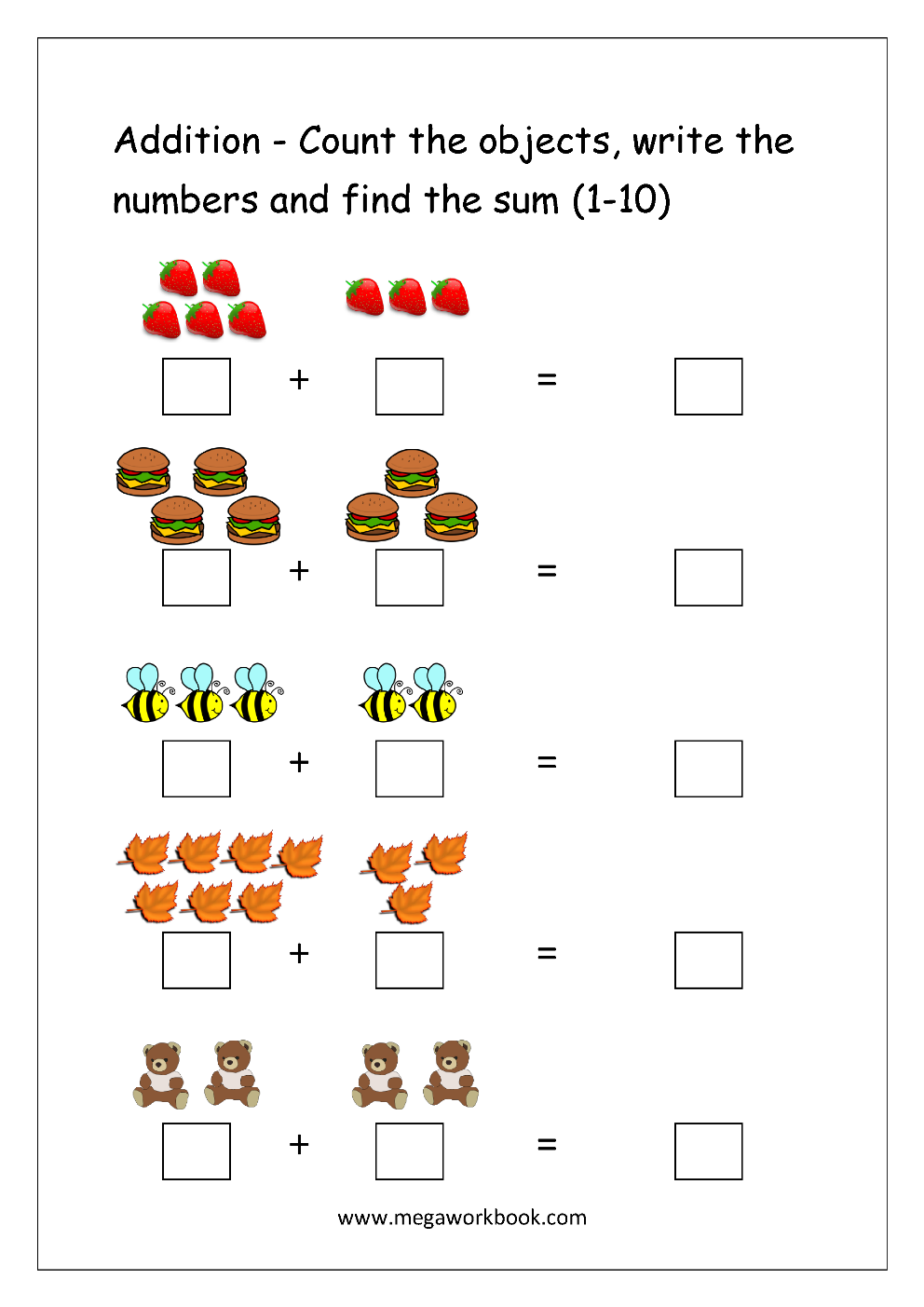 Adding Numbers Less Than 10 Worksheet