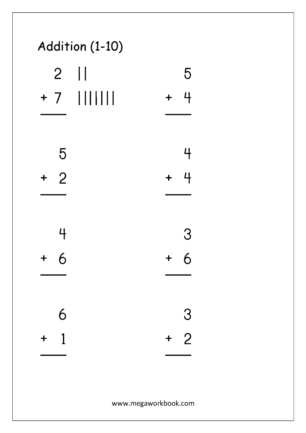 Free Printable Number Addition Worksheets 1 10 For Kindergarten And Grade 1 Addition On Number Line Addition With Pictures Objects Megaworkbook