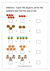 Math Printable Worksheet - Single Digit Addition With Pictures/Objects (1-10)