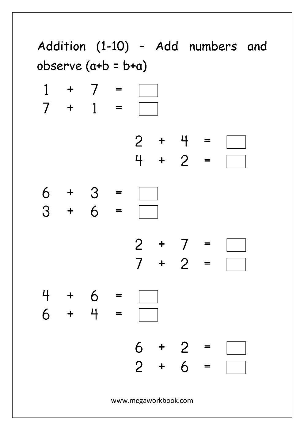Free Printable Number Addition Worksheets (25-250) For Kindergarten In Properties Of Numbers Worksheet