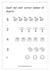 Math Number Counting Worksheet - Count And Color Correct Number Of Objects (1-5)