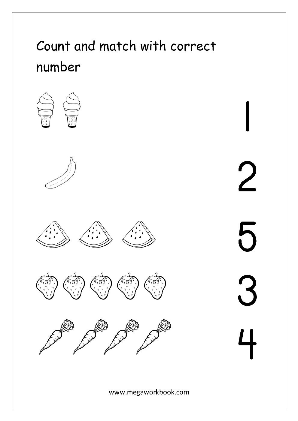 Free Printable Number Matching Worksheets For Kindergarten And Preschool - Count And Match (1-10) - Megaworkbook