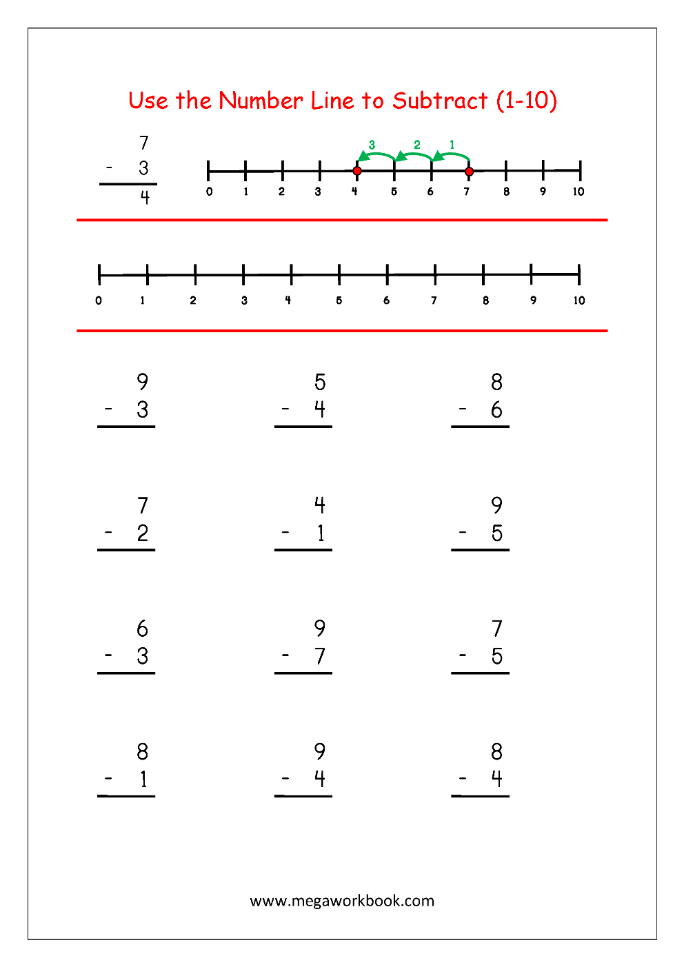 Free Printable Number Subtraction 1 10 Worksheets For Grade 1 And Kindergarten Subtraction With Pictures Objects To Cross Out Subtraction Using Number Line Megaworkbook