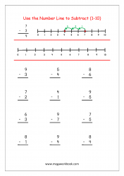 Printable Math Worksheet - Subtraction Using Number Line (1-10)