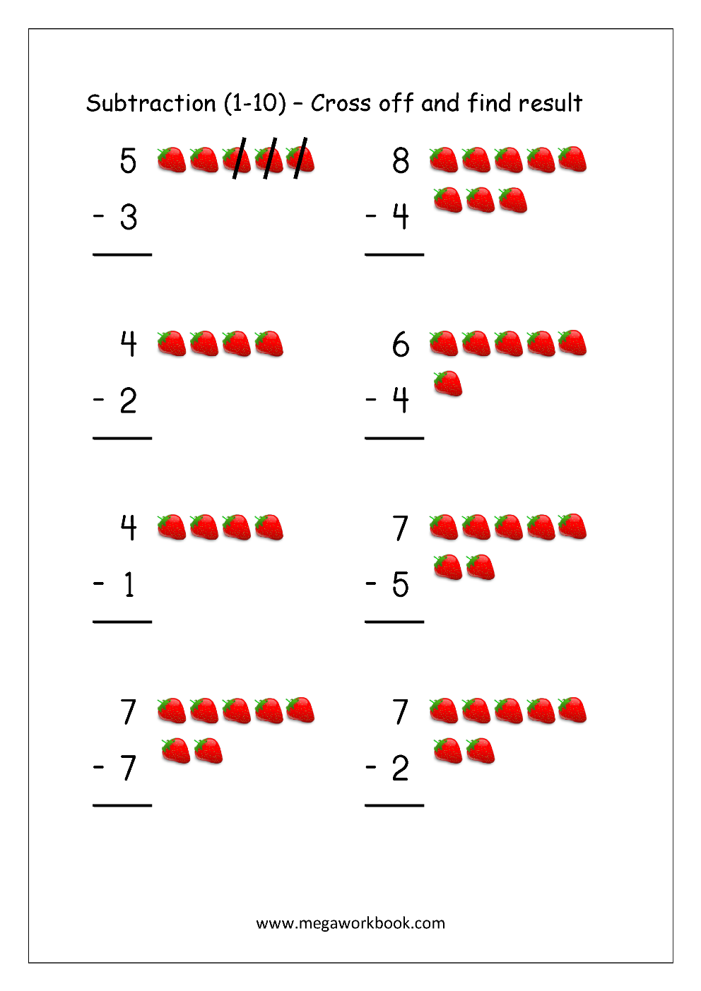free printable number subtraction 1 10 worksheets for grade 1 and kindergarten subtraction with pictures objects to cross out subtraction using number line megaworkbook