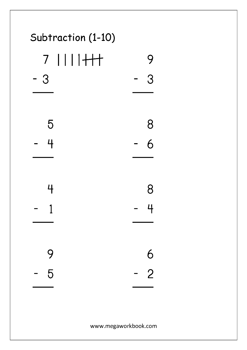 free printable number subtraction 1 10 worksheets for grade 1 and kindergarten subtraction with pictures objects to cross out subtraction using number line megaworkbook