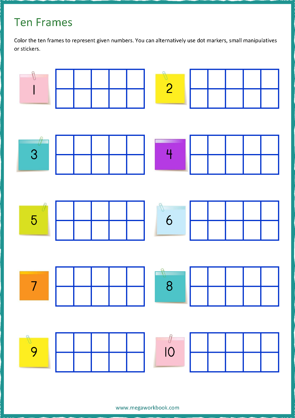 Ten Frame Worksheets Ten Frames 10 Frames Counting Addition Subtraction Even Odd Number Relationships Etc Megaworkbook