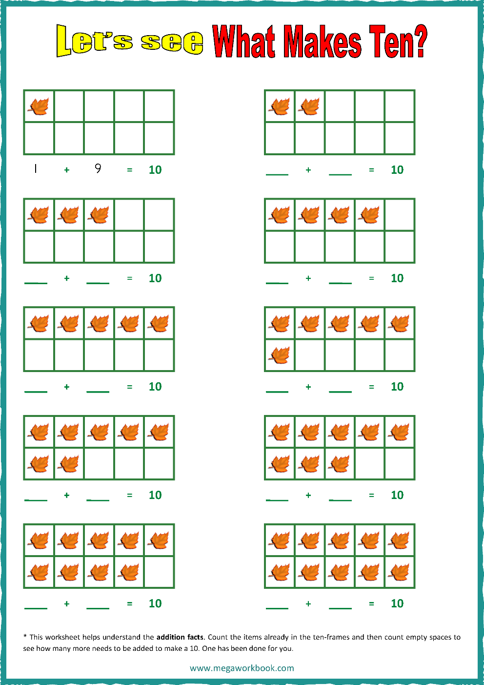 Ten Frame Worksheets - Ten Frames - 25 Frames (Counting, Addition Throughout Ten More Ten Less Worksheet