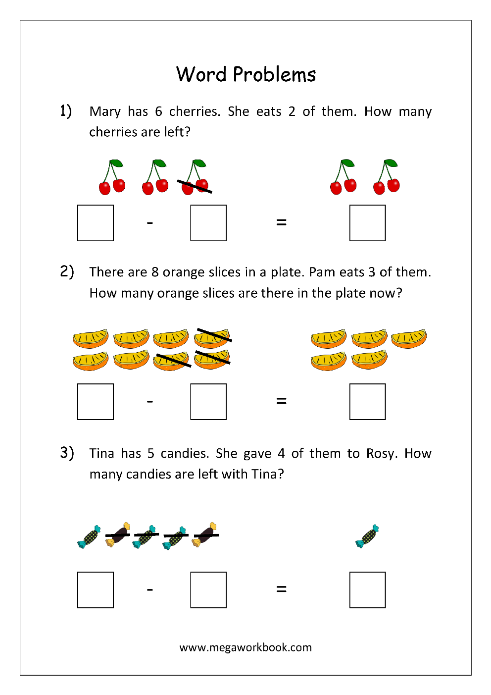 Maths Word Problems Subtraction Worksheet 01 - Kindergarten Addition Word Problems