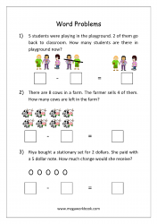 Math Subtraction Word Problems Worksheet - Solving Story Problems With Objects - Step By Step Example