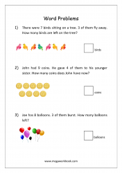 Math Subtraction Word Problems Worksheet - Solving Story Problems With Objects - Step By Step Example