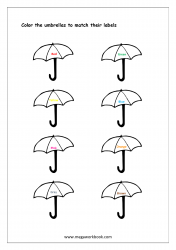 Color Recognition Worksheet - Color The Objects Using Matching Color - Umbrellas