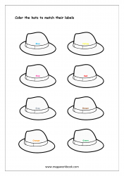 Color Recognition Worksheet - Color The Objects Using Matching Color - Hats