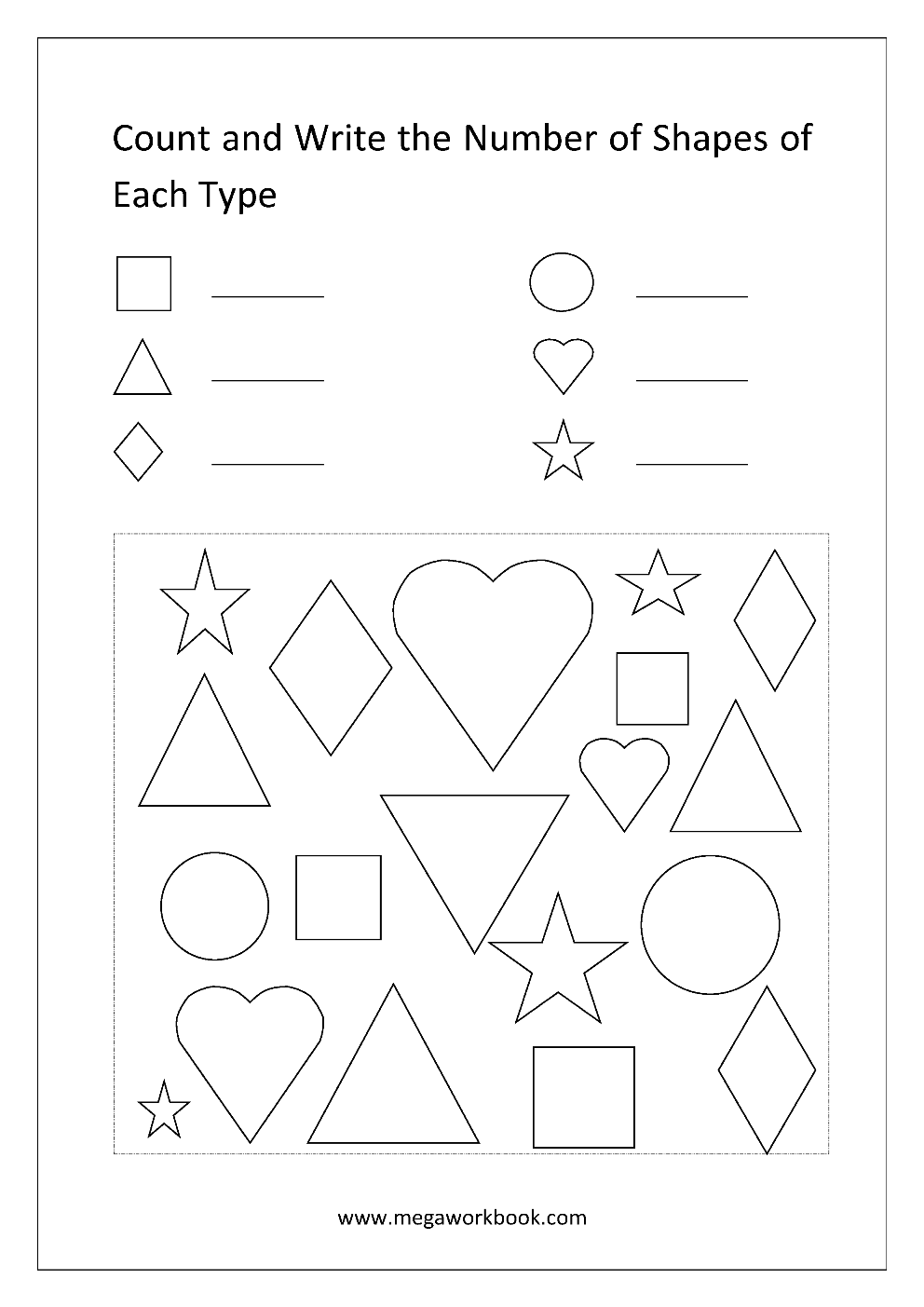 free printable shapes worksheets for preschool kindergarten counting the shapes identifying the shapes megaworkbook